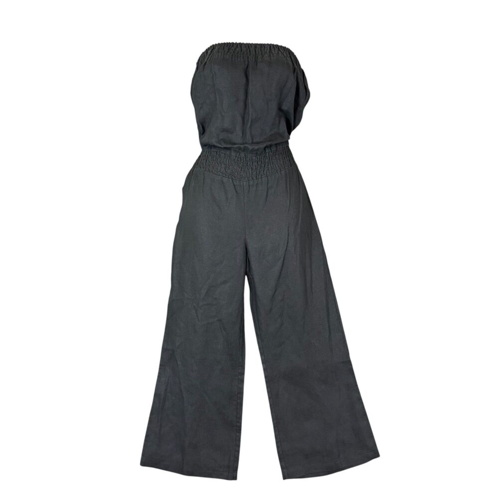 Blue Saks Fifth Avenue Linen Sleeveless Jumpsuit Wide Leg Black Smocked, M